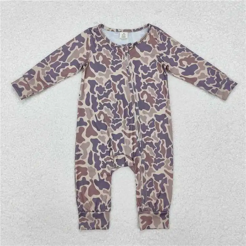 Romper Ritsleting Kamuflase Bambu Lengan Pendek Abu-abu Bayi Laki-laki