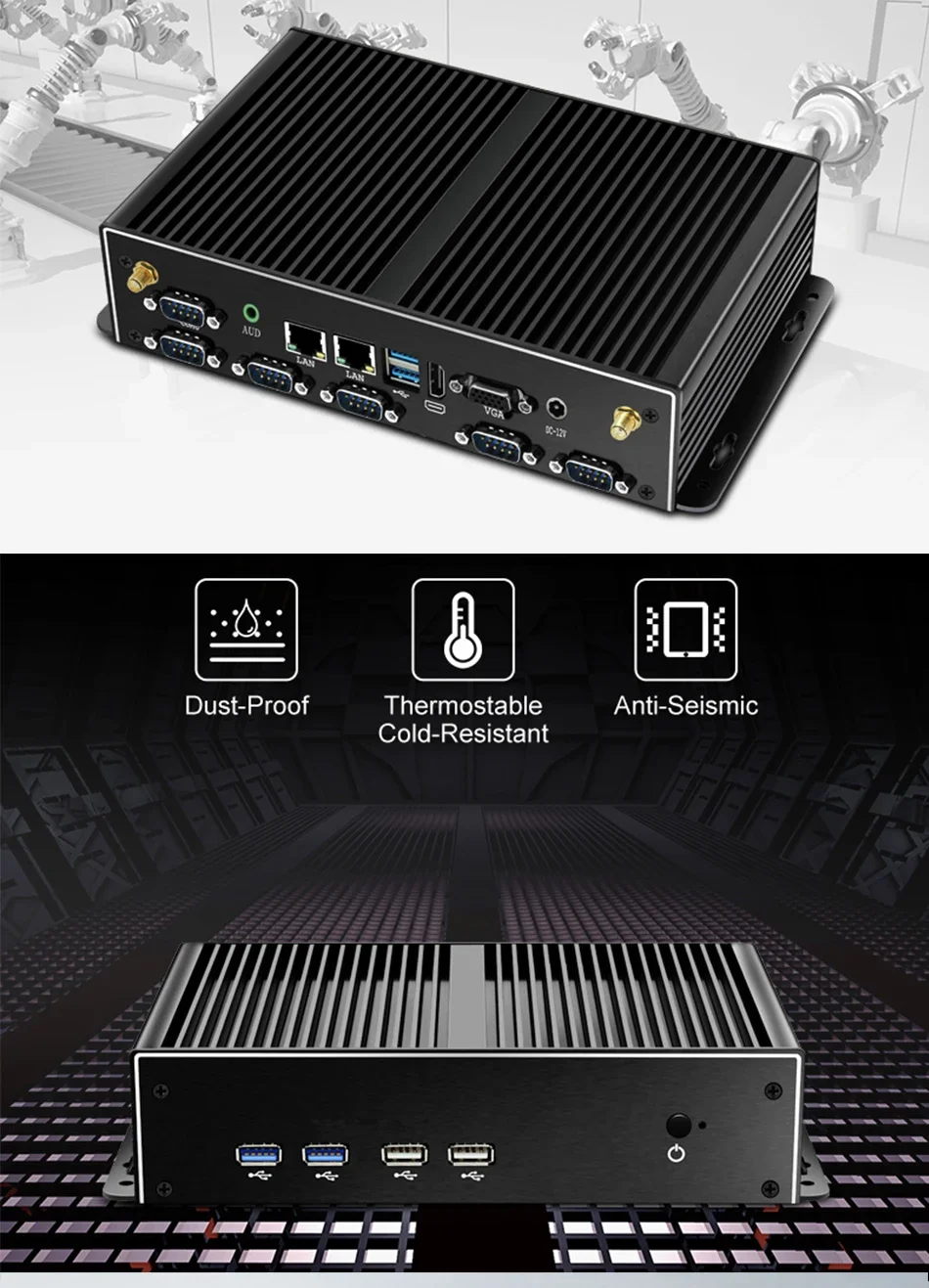 Industrieller Mini-PC, lüfterlos, Dual-LAN, 6 x COM-RS232, unterstützt 1 x RS485, Intel i7-5500U, Celeron J1900, SIM-Steckplatz, Mini-PCIe, Windows Linux