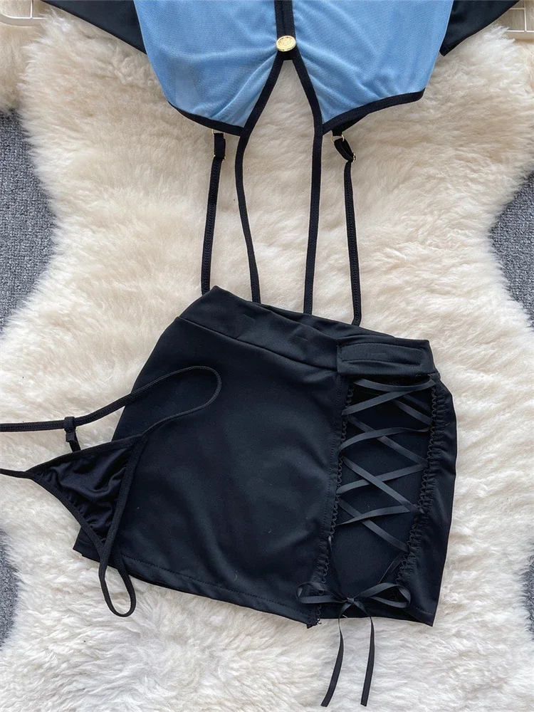 Toucheart-Conjuntos de uniformes sexys de estilo Preppy para mujer, Top transparente con cuello de pico, minifalda con cordones y tangas, trajes porno para Cosplay 2024