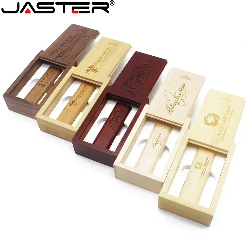 JASTER Logotipo personalizado gratuito Unidades flash USB 2.0 de madera Bambú con caja Memory stick 16GB Pen Drive 32GB 64GB Regalo de boda USB stick