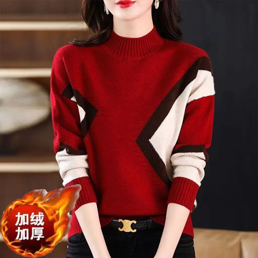 Velvet and Thickened Women's Top 2024 New Autumn/Winter Korean Edition Color Block Knitted Half High Neck Sweater