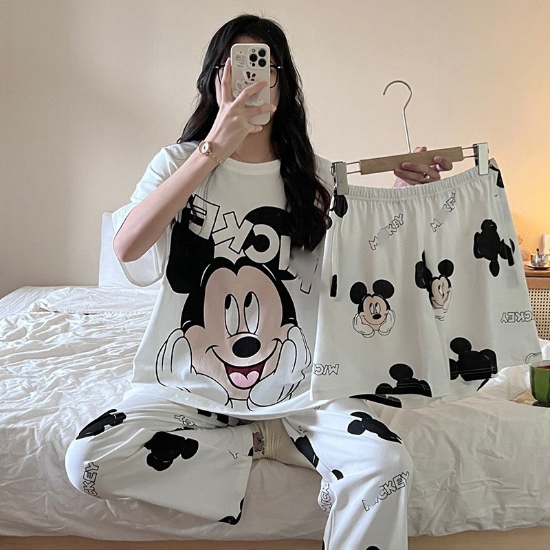 Летний женский пижамный комплект с круглым вырезом, комплект из трех предметов с короткими рукавами + шорты + брюки, комплект домашней одежды с героями мультфильмов