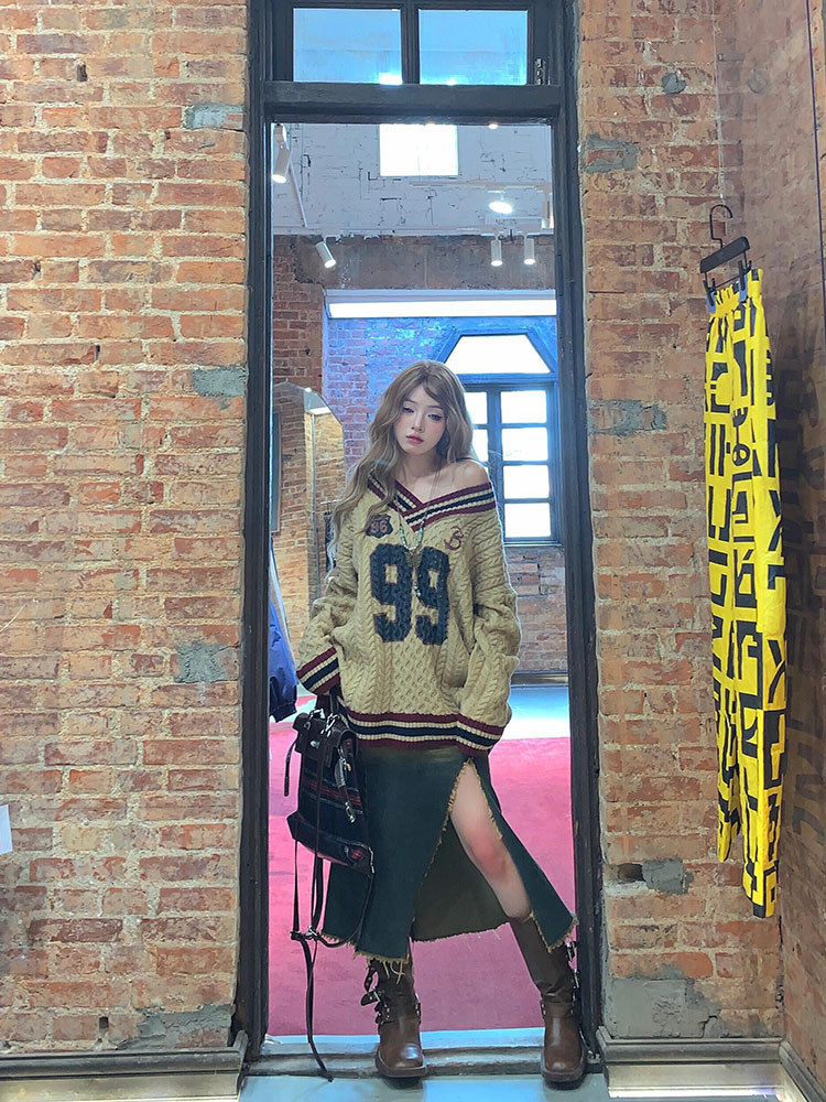 Übergroßen Koreanischen Adrette Brief Drucken Lose Pullover Frauen Mode V-ausschnitt Design Gerade Top Herbst Winter Elegante Pullover