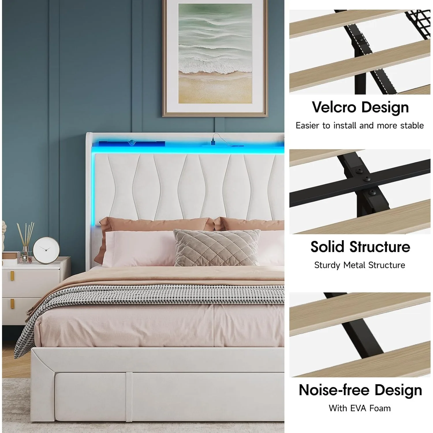 Queen Size Bed Frame with LED Light and 3 Drawers Storage, Upholstered Velvet Platform Bed Frame with Charging Station