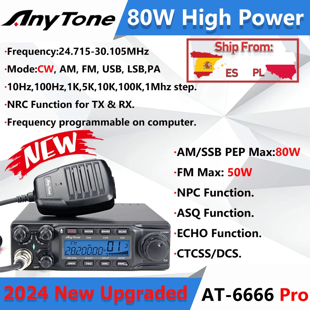 2024 Neues Anytone AT-6666Pro 80 W Hochleistungs-28,000-29,695 MHz 10 Meter Radio CW/AM/FM/USB/LSB/PA-Modus 40-Kanal-Auto-Mobilfunkgerät
