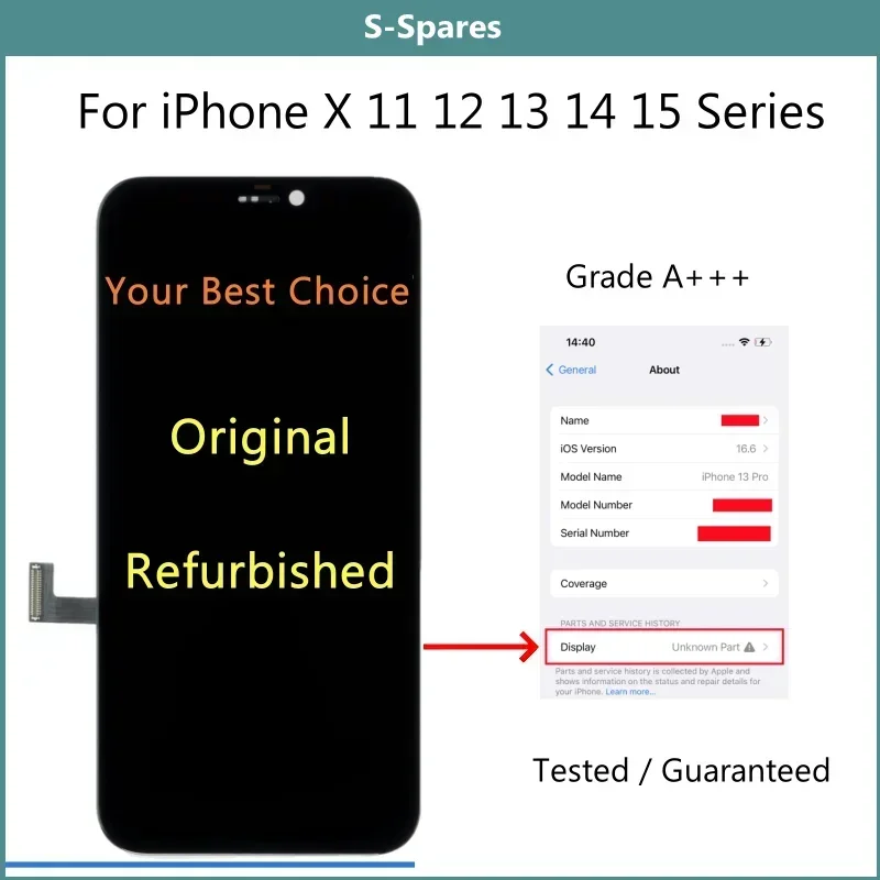 iPhone X XS XR 11 12 13 mini 14 Plus 15 Pro Max用のAA再生オリジナルスクリーン、LCDディスプレイアセンブリ、ガラス交換、テスト