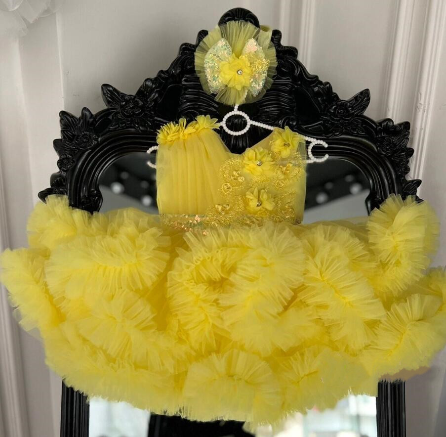 Robes de demoiselle d'honneur moelleuses pour tout-petits, appliques à volants, fête d'anniversaire, robe de Rhprincesse pour enfant, taille 12M, 24M avec nœud
