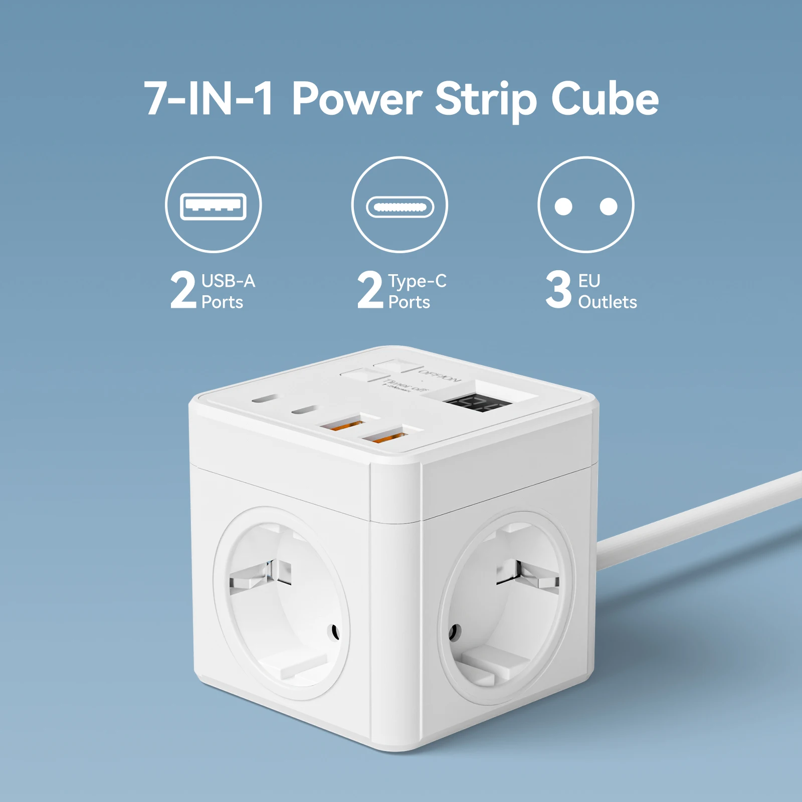 1 tira de energia da ue 7 em 1, protetor contra surtos de tira de energia, cabo de extensão de 1,5 m, 3 tomadas CA 3 USB 1 tipo C, carregamento de mesa cronometrado