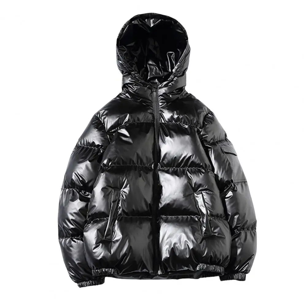 Winter-Parkas für Herren, Baumwollmantel mit Kapuze, langärmelig, hochglänzende Oberfläche, gesteppte Jacke mit Taschen, lockere Passform, verdickt, warm, kurz