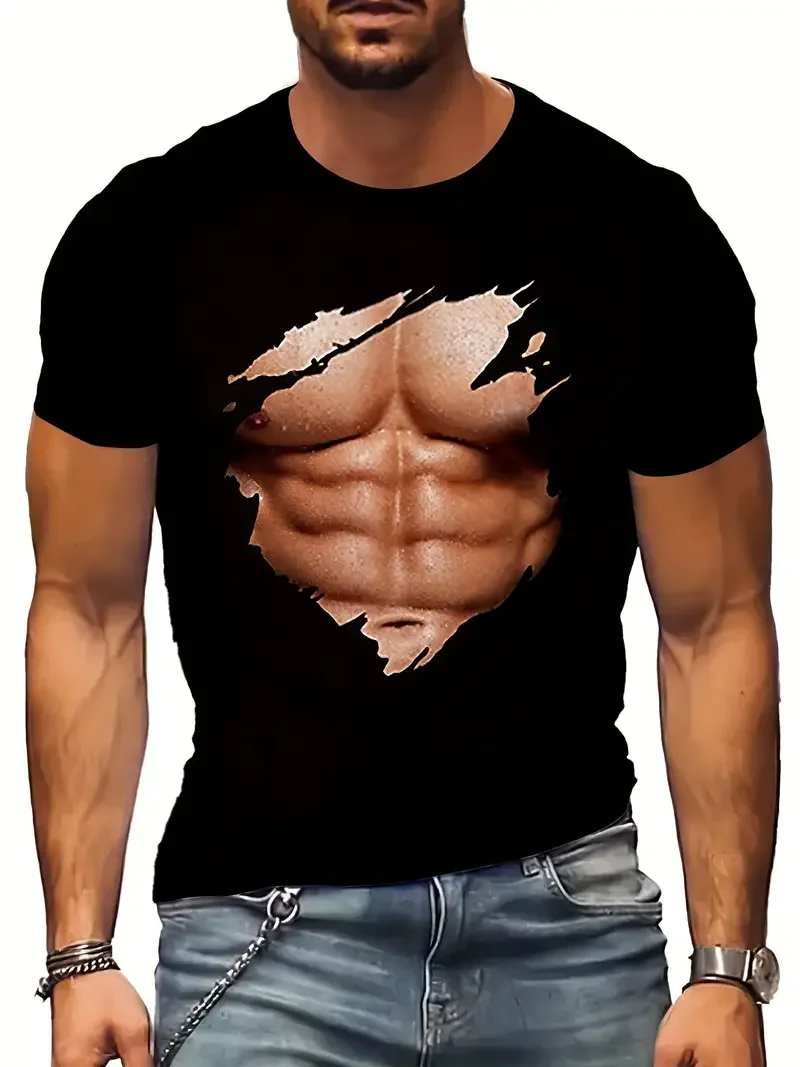 3D デジタル筋肉質の男性の体のパターンクルーネックと半袖 Tシャツ小説とスタイリッシュな夏のトップスアウトドアカジュアルトップス