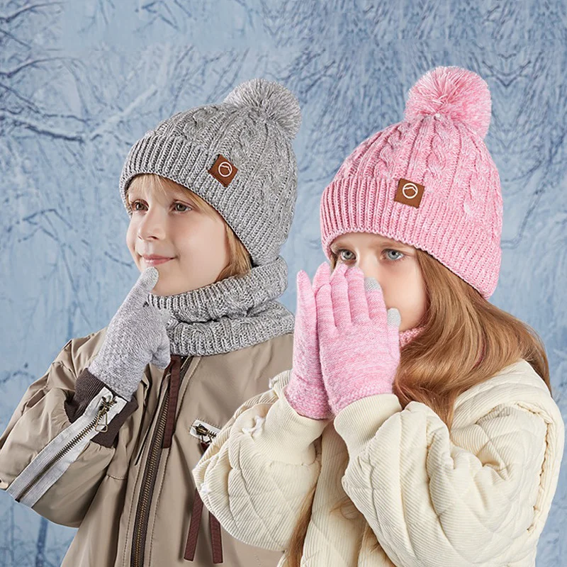 3 unids/set gorro de punto para niños, gorro de felpa grueso y cálido, bufanda para el cuello, conjunto de guantes para jugar al aire libre para clima frío, invierno, mantiene el calor