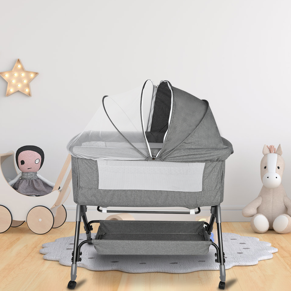 Berço de bebê, cama de bebê 3 em 1, ajuste de altura de 4 vias e ajuste de inclinação com berço de freio, berço portátil para casa e viagens