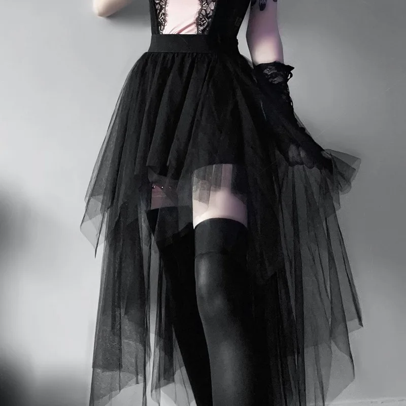 Mode netto garen hoge taille onregelmatige rok voor dames gotische stijl zomer casual rok sexy en charmante goth