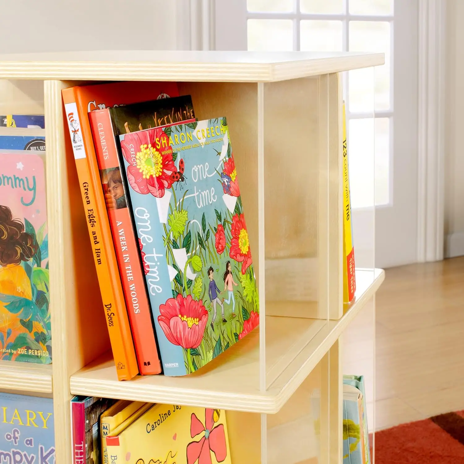 EdQ Rotating Book Display - Birch: Spinning Plywood Storage Bookshelf with Acrylic Windows for Kids Classroom, Playroom,