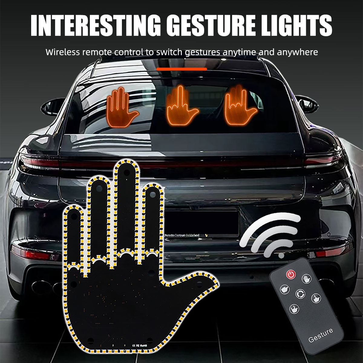 Funny Car Finger Light with Remote, Road Rage Signs Middle Finger Gesture Light,Auto Amber Warning Brake Light Car Accessories