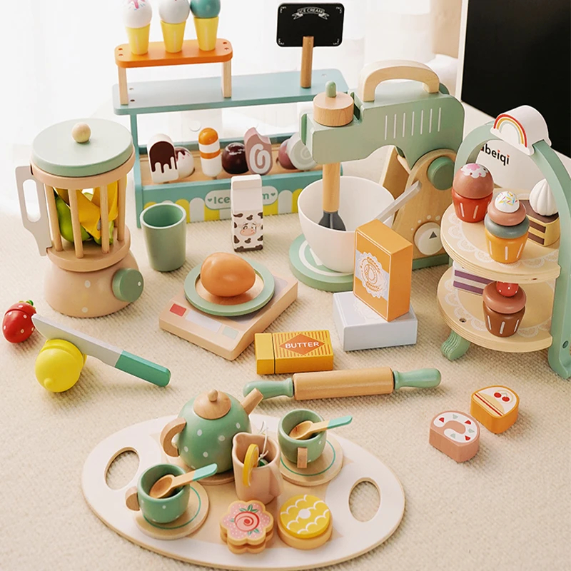 Holz Pretend Play Küche Spielzeug Kaffeemaschine Entsafter Mixer Eis Kuchen Tee-Set Spielzeug Kinder Spielen Haus Spielzeug für Mädchen Kinder