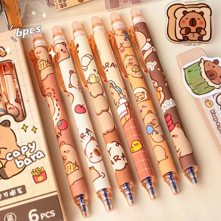 6 шт./кор. Kawaii мультфильм панда капибара синие чернила стираемая гелевая ручка боковой пресс ST кристалл синие ручки школьные и офисные письменные принадлежности