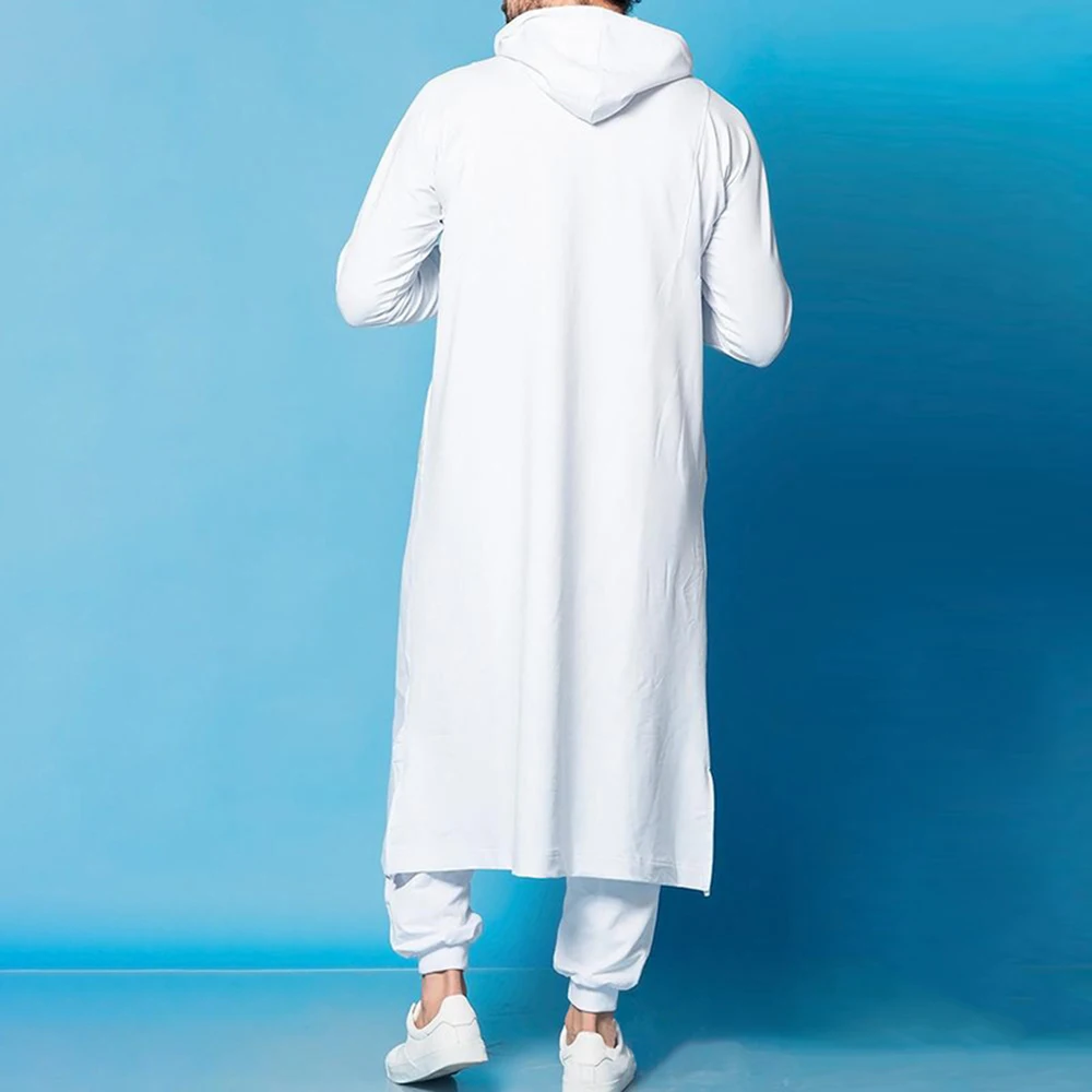 Tops masculinos muçulmano médio oriente islâmico árabe roupas soltas listrado manga longa bolsos com cordão comprimento total com capuz robe