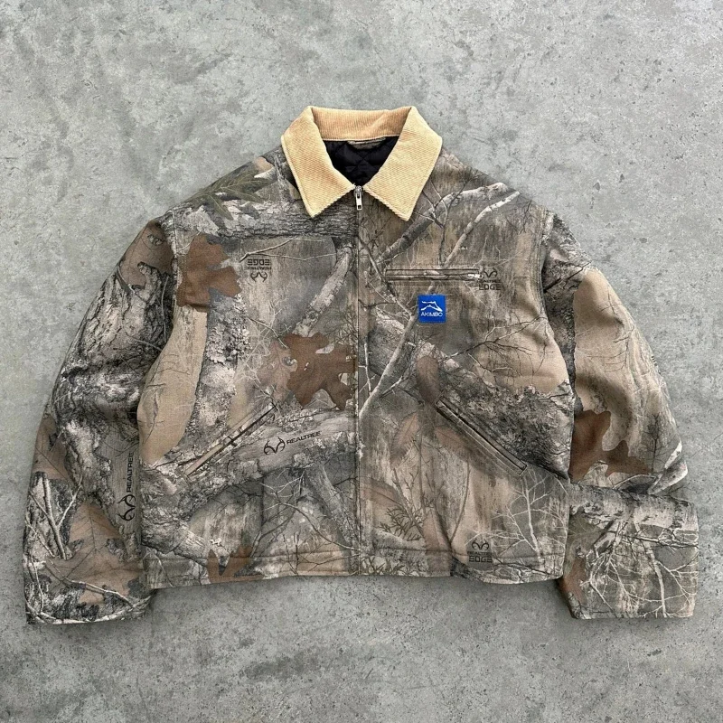 Chaqueta de camuflaje Y2K para hombre, ropa informal de calle de estilo americano, polo con cuello en V, top con patrón vintage, sudadera Harajuku para hombre y mujer