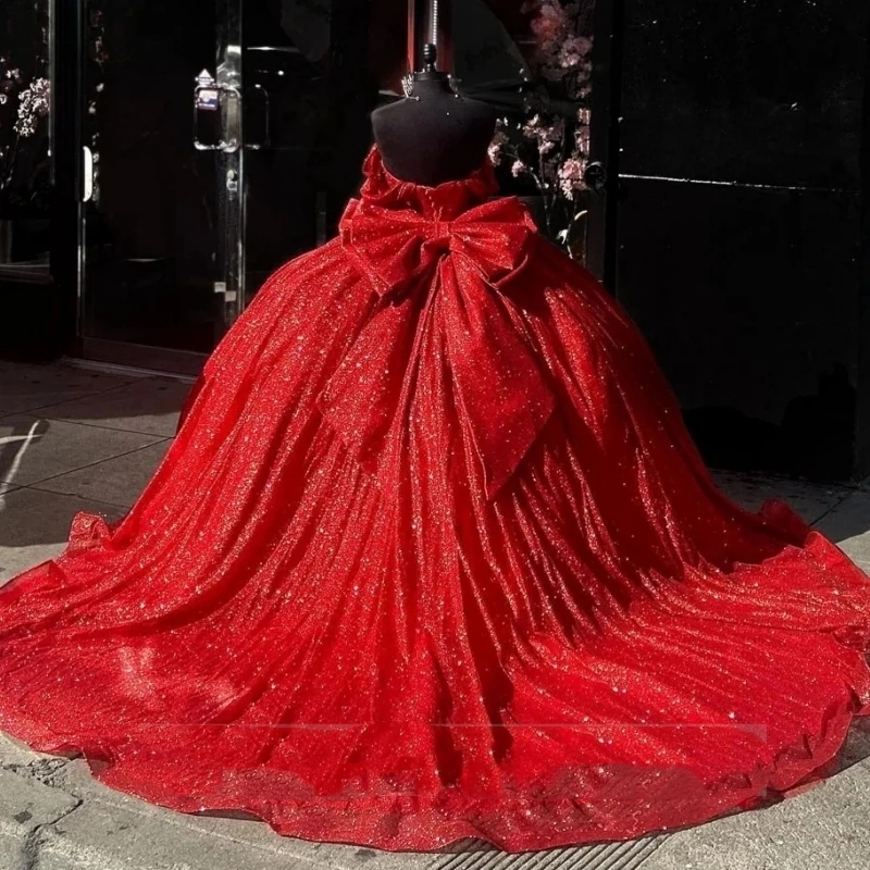 ANGELSBRIDEP-Vestidos De quinceañera rojos brillantes con lazo y hombros descubiertos, Vestidos con cuentas, vestido Formal De fiesta para graduación De 15 años