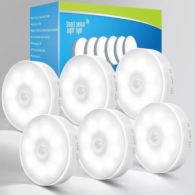 Luz LED nocturna con Sensor de movimiento PIR, lámpara nocturna recargable por USB para armario de cocina, lámpara para armario, escalera, luz inalámbrica para armario