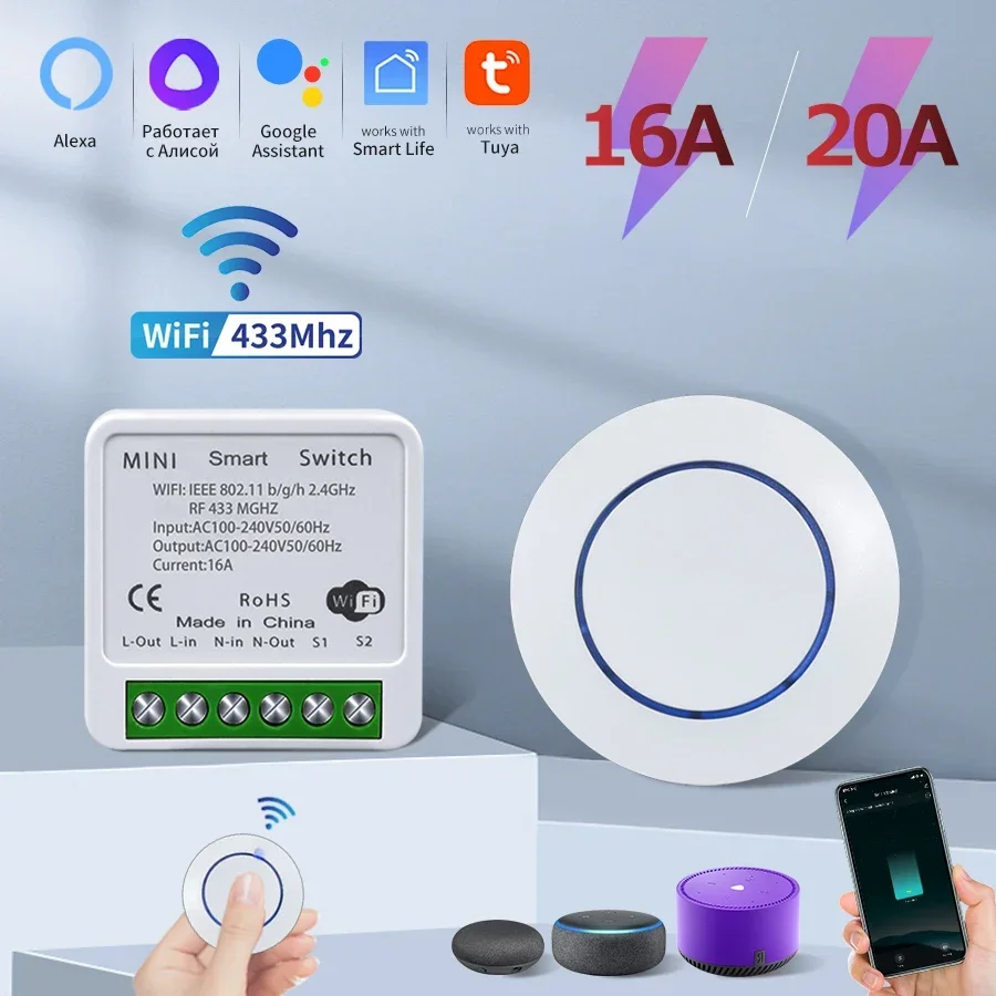 16/20a tuya wifi módulo de interruptor inteligente rf 433mhz receptor relé sem fio mini interruptor luz para alexa google alice controle remoto