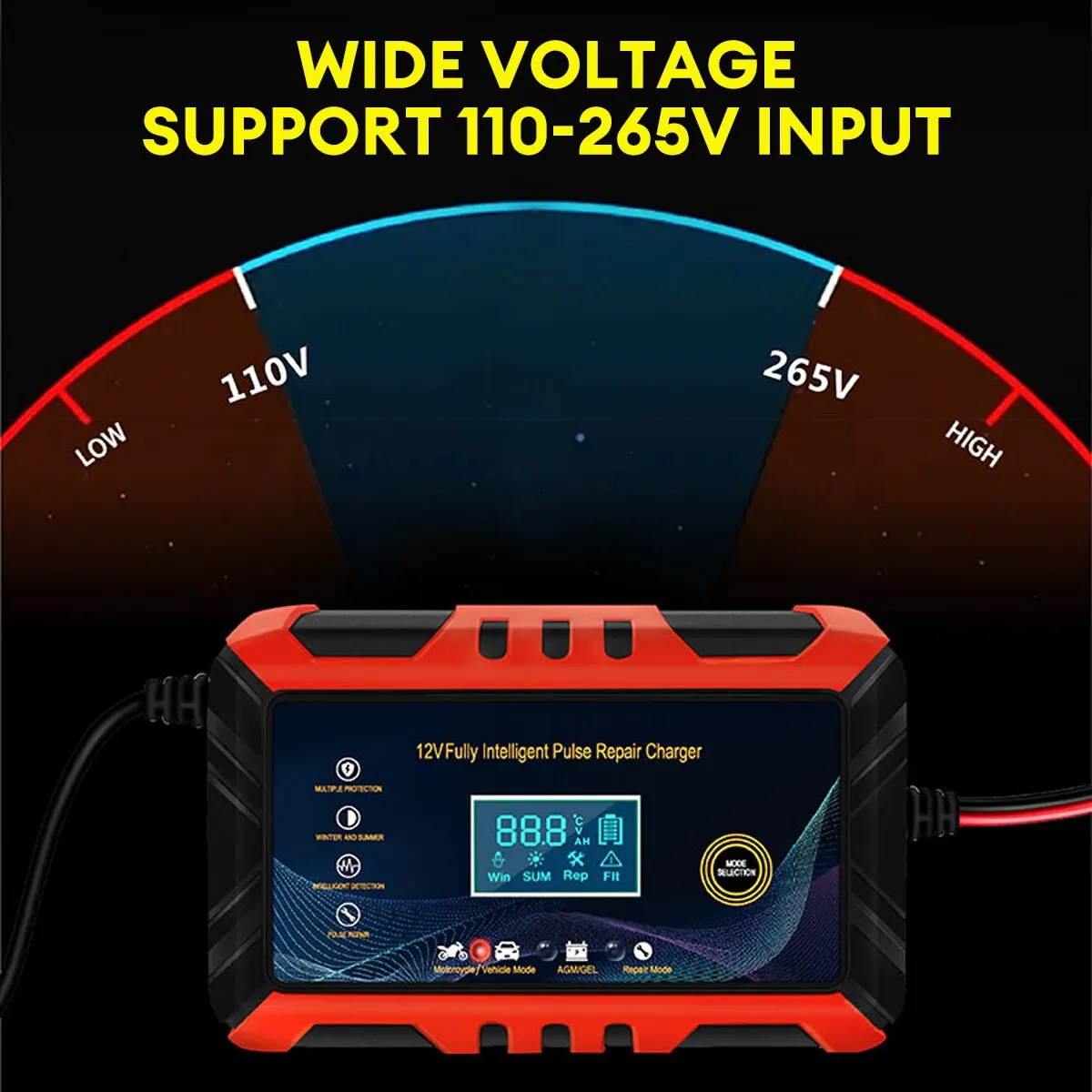 Carregador de bateria do carro com display LCD, reparo inteligente do pulso Carregamento da bateria da motocicleta 12V