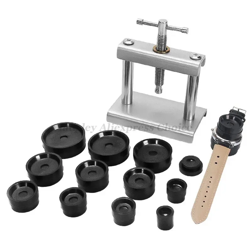 Conjunto de prensa de relógio para parte traseira de relógio, ferramenta de fechamento, matrizes de montagem, kit de ferramentas de reparo de relógio, ferramentas de manutenção de relojoeiro de metal, 18 peças