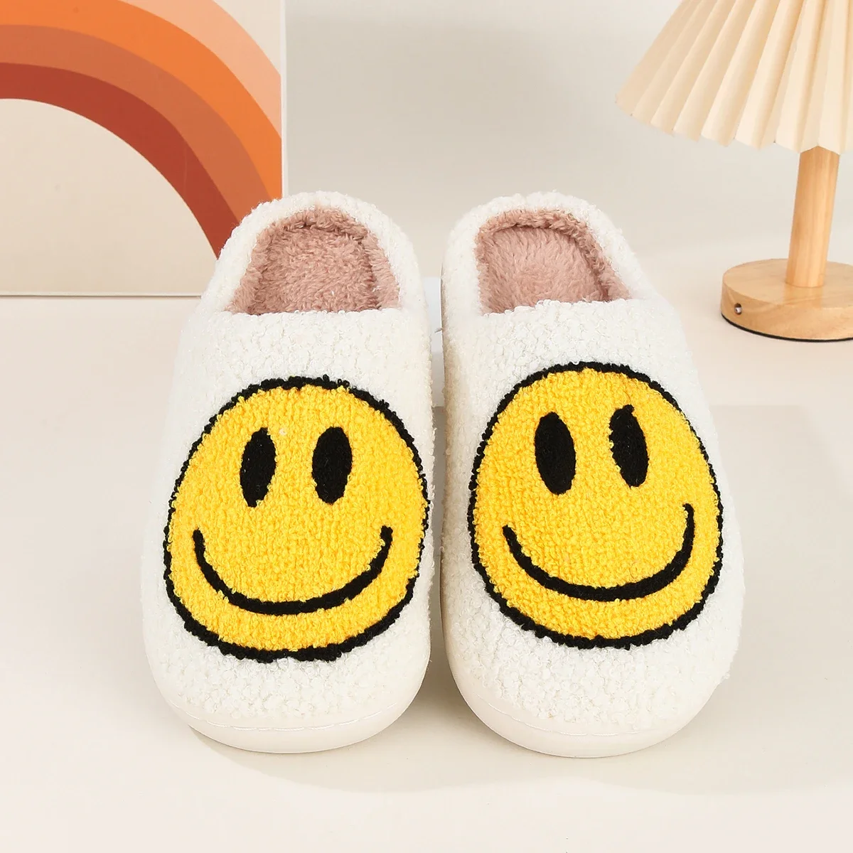 Sourire Pop hiver intérieur confortable pantoufles en peluche moelleux coton pantoufles antidérapant chaud ménage pantoufles