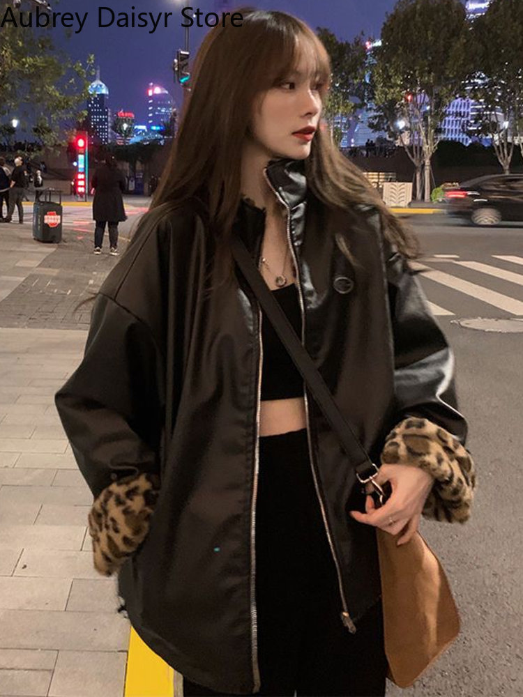 Winter Warme Leder Jacke Frauen Dicke Leopard Print Faux Lamm Pelzmantel Harajuku Schnee Lose Futter Reversible Tragen Mantel Weibliche