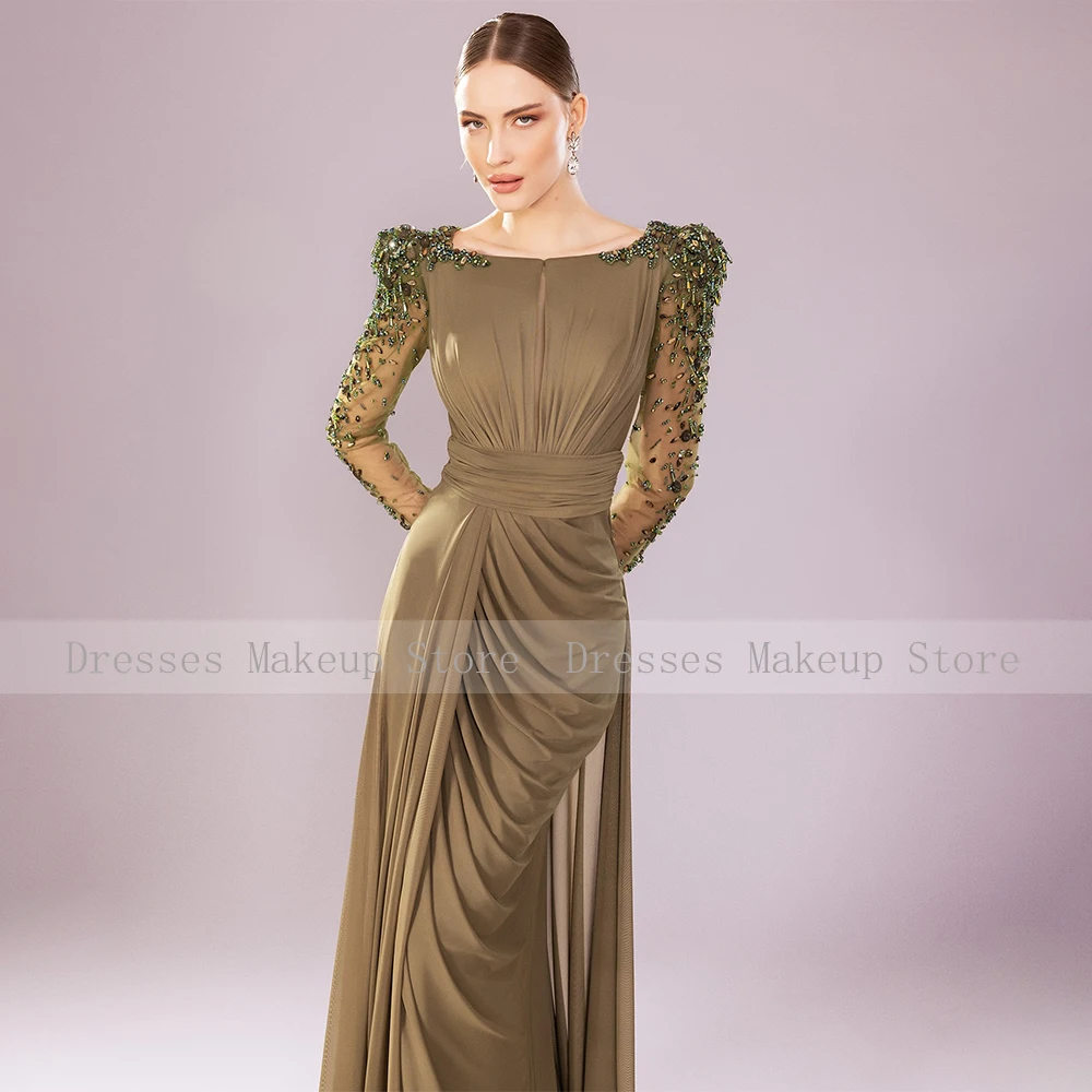 Robe de soirée en mousseline de soie fendue sur le côté pour la mère de la mariée, cristal, manches longues, colonne, robe de soirée formelle, quel que soit le vert, luxe