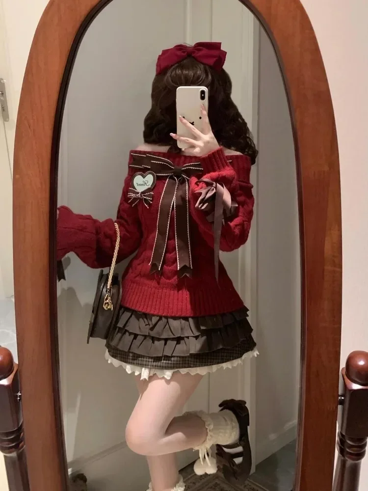 Lazy Bow Off Shoulder Long Sleeve Loose Knitted Sweater Tops+ High Waist Ruched Skirts 2025 Autumn New Two Piece Sets