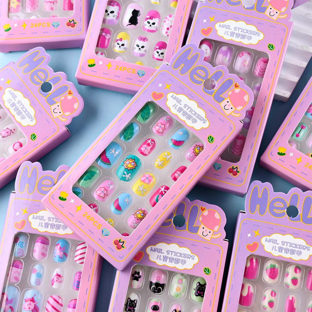 24Pcs/box Kids Cartoon Pattern False Nail Wearable Cute Girl Child Fake Nails Tips Kawaii Acrylic Artificial Press on Nails+Tool