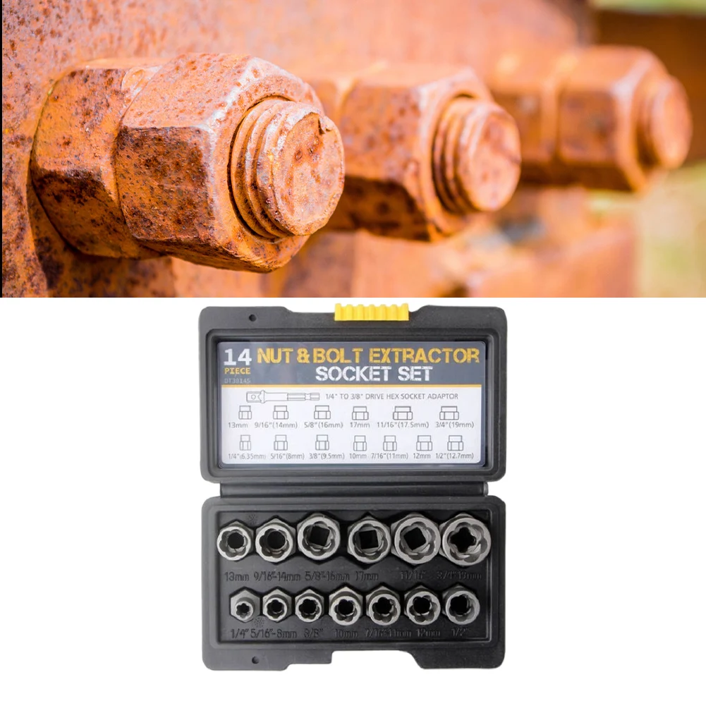 14 ชิ้นเสียหาย Bolt เครื่องมือกําจัด Bolt EXTRACTOR ชุดเครื่องมือกล่องเก็บเสียหาย Bolt NUT Remover EXTRACTOR SOCKET เครื่องมือ