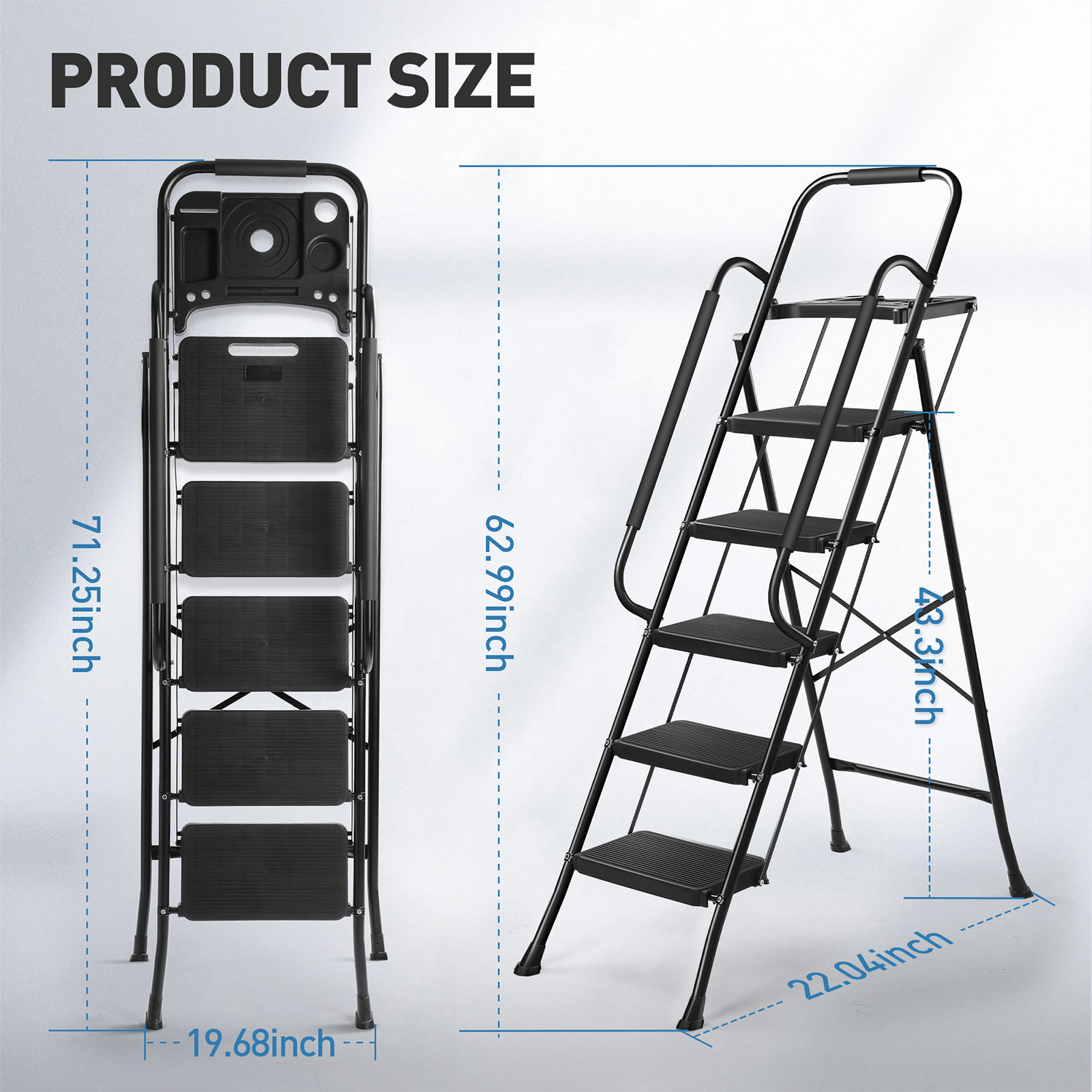 Escalera de 5 escalones con pasamanos, taburete plegable con plataforma de herramientas, escalera de acero portátil de 330 libras para adultos