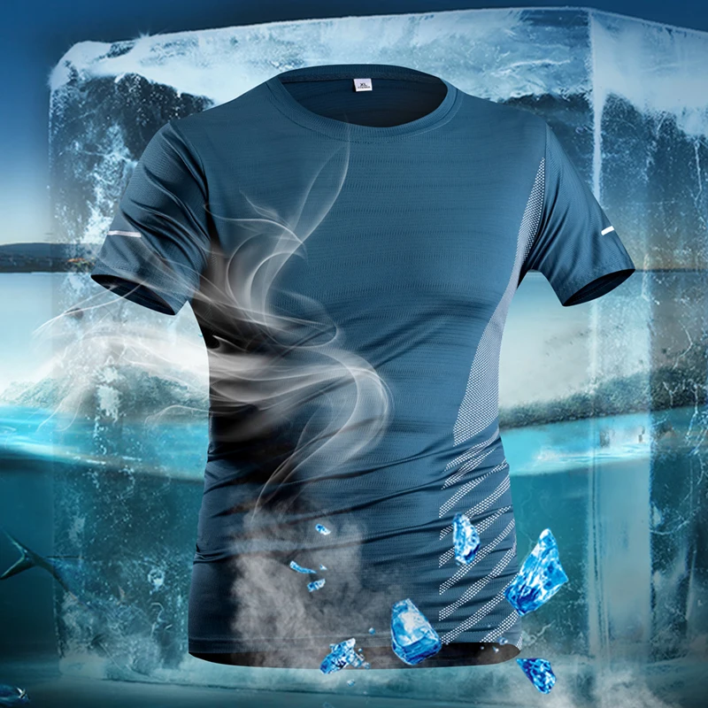 ランニング Tシャツ男性夏のアイスシルク薄いトップ反射印刷速乾性半袖通気性フィットネススポーツ Tシャツ 5XL