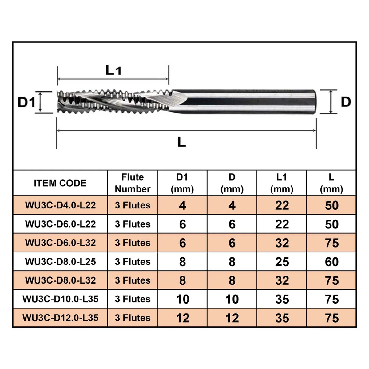 Dreanique 1 PC 3 ขลุ่ยคาร์ไบด์หยาบเครื่องตัด 4 มม.-12 มม.ไม้ Sloting CNC หยาบเกลียว Bit End Mill