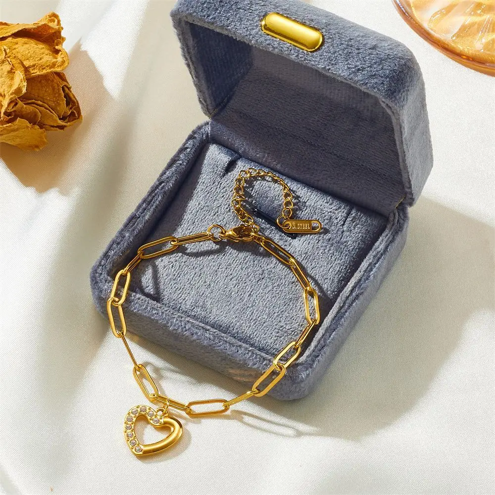 Hollow Out Sweet Heart Titanium Steel Bracelet with Zircon 18K Gold Plated Waterproof Non Allergy Jewelry for Women Girlfriend