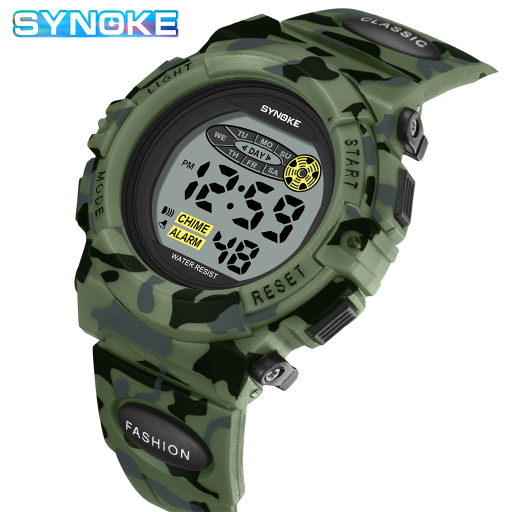 SYNOKE-Relógio eletrônico colorido do esporte para crianças, relógios de estudante, relógio impermeável, relógio digital infantil, meninos camuflagem