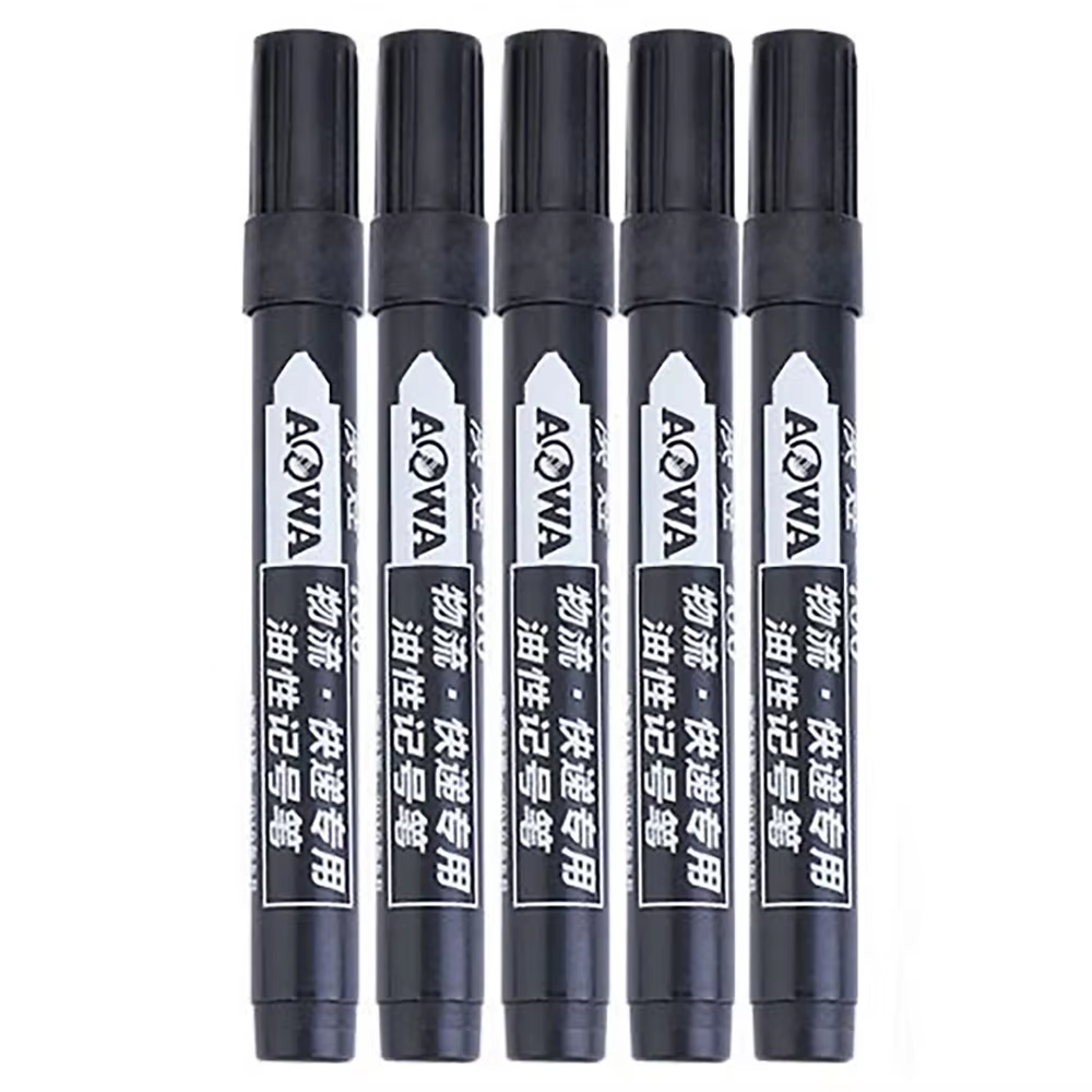 A set of 10 large-tip black ink marker pens for non-erasable marking and notation