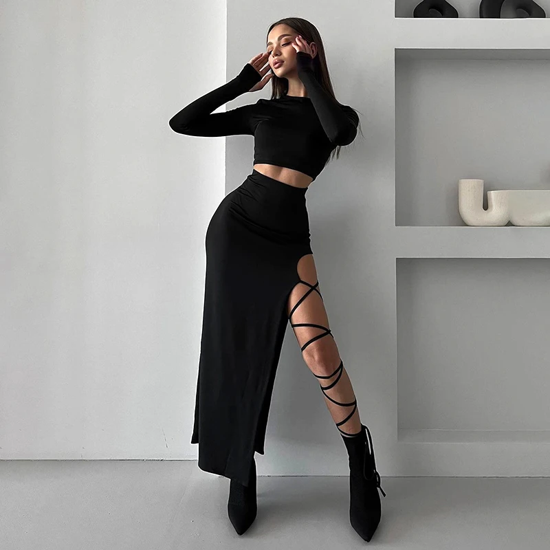 CUTENOVA Pullover Langarm Einfache Crop Top Elastische Taille Neckholder Hohe Split Beinlos Sexy Krawatte Einfarbig Halb Rock Set