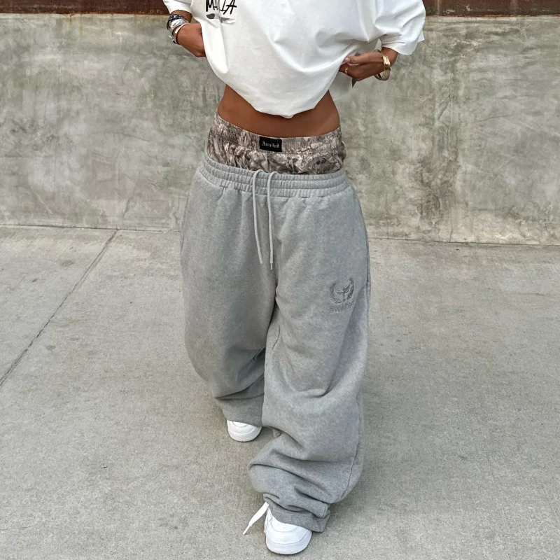 Y2K トレンドスウェットパンツ迷彩刺繍柄ストリート男性女性服レトロ迷彩だぶだぶのパンツユニセックスワイドレッグパンツ