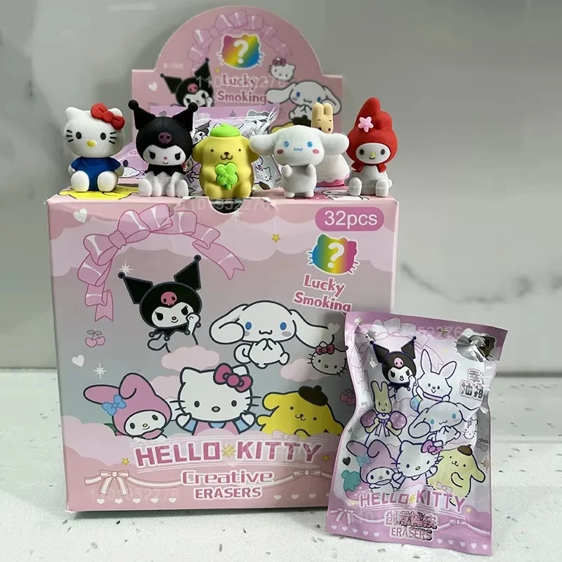 子供のためのサンリオ鉛筆消しゴム、学用品、ハローキティ、私のメロディークロミシナモロール、学生文房具、卸売、32ピース/箱