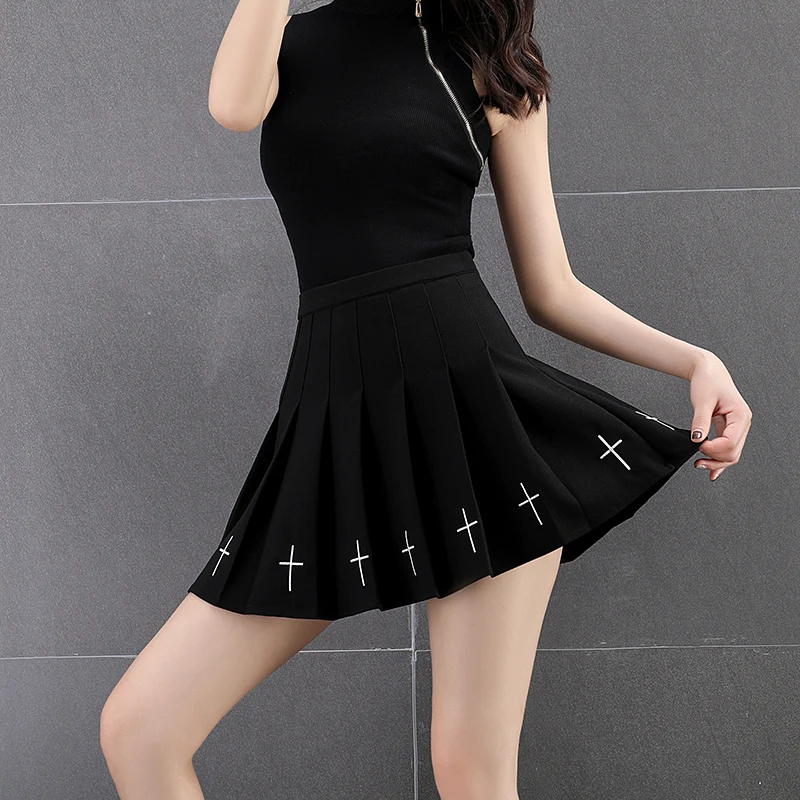 Zwarte hoge taille minirokken punk geplooide vintage rok gothic streetwear kruisprint geplooide vrouwen rokken lolita harajuku rok