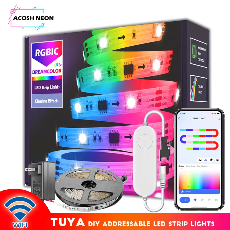 Tira de luces LED RGBIC Smartlife de 65,5 pies/20m TUYA WS2811 TUYA DreamColor 60LEDs/M cinta Flexible funciona con el asistente de Google Alexa