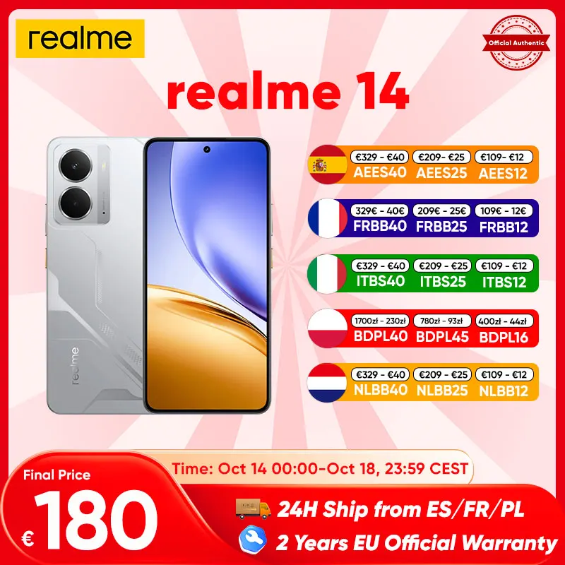 [Pionierprogramma] realme 14 5G-smartphone Leeuwebek ®   6 generatie 4 chipset 6000 mAh batterij 45 W opladen 120 Hz AMOLED-display IP69 NFC