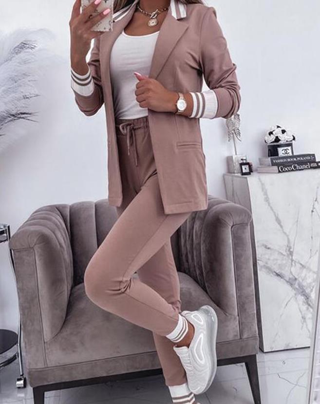 Primavera feminino duplo breasted blazer escritório pantsuit listrado gola entalhada blazer casaco calças com cordão conjunto de 2 peça feminino