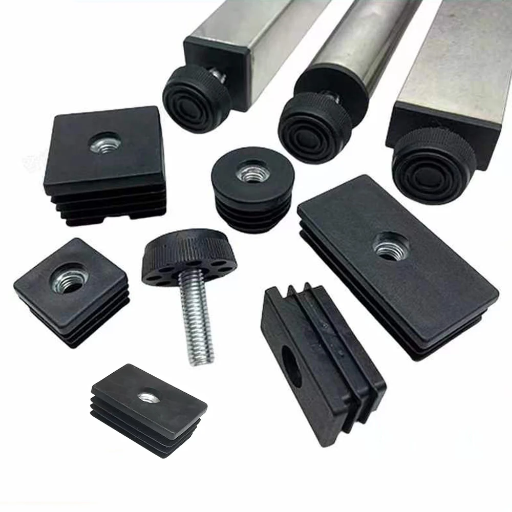Alfombrillas cuadradas ajustables para pies, 4 Uds., con tuercas M8, tapón de tubo, cubierta de tubo rectangular para muebles, almohadillas para pies de elevación de patas de sillas y mesas