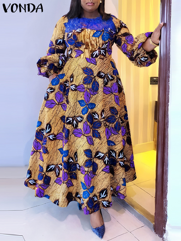 Vonda-女性のボヘミアンマキシドレス,花柄のカジュアルなサマードレス,レースのパッチワーク,ラウンドネック,エレガントなドレス,大きいサイズ,2024