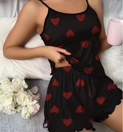 Zomer dames nachtkleding set roze hartprint ronde halsband top ijszijde comfortabele korte broek sexy nachtkleding voor dames